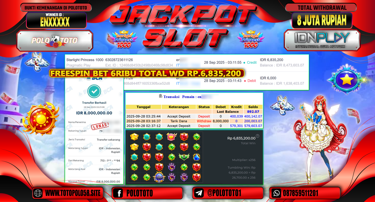 POLOTOTO JACKPOT SLOT STARLIGHT PRINCESS 1000 Rp.8.000.000,- LUNAS