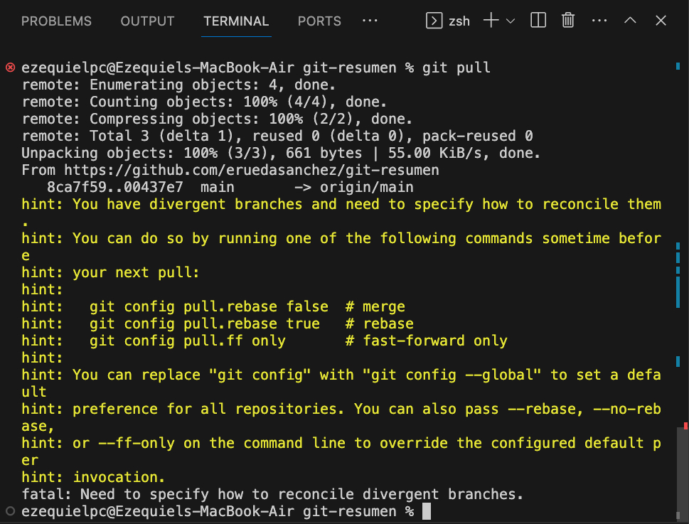 Advertencia al ejecutar git pull Git fetch y git pull