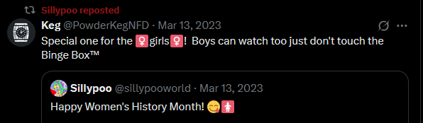 someone quote tweeting their womens day video post with special one for the girls! Boys can watch too just don't touch the binge box two venus emojis surround the word girls intended to emphasize that they mean cis women