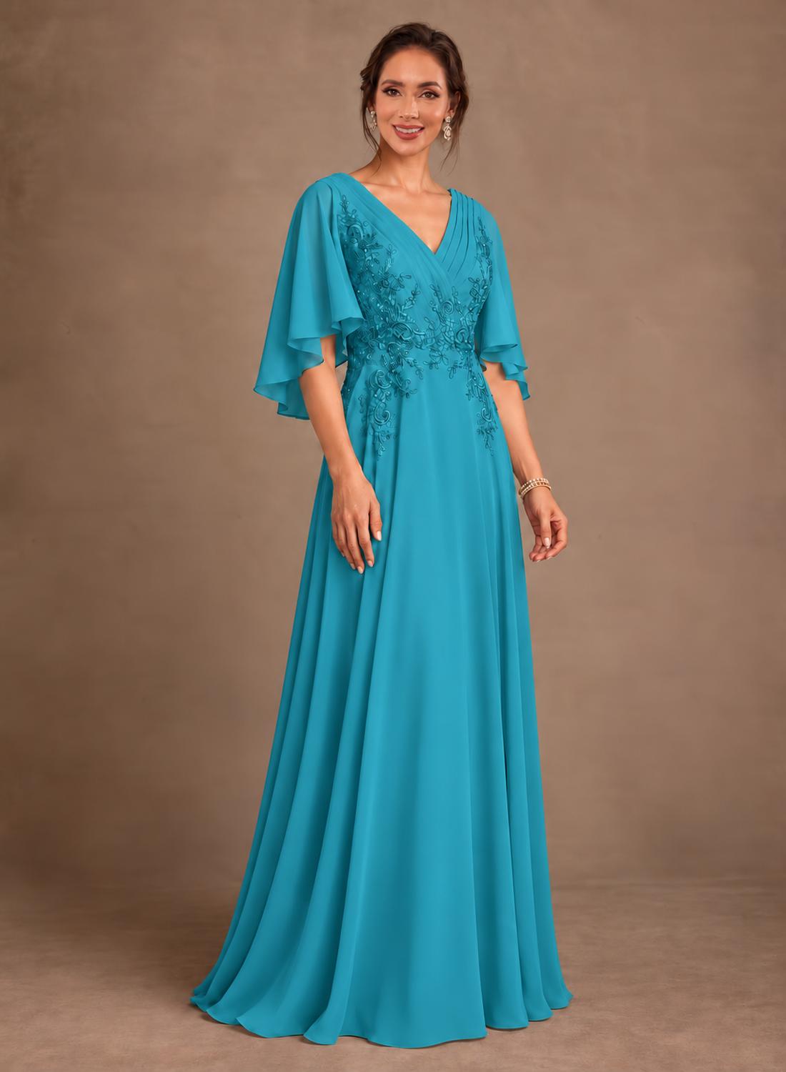 A-Line Chiffon V Neck Lace Appliques Mother of the Bride Dress with Zipper Back