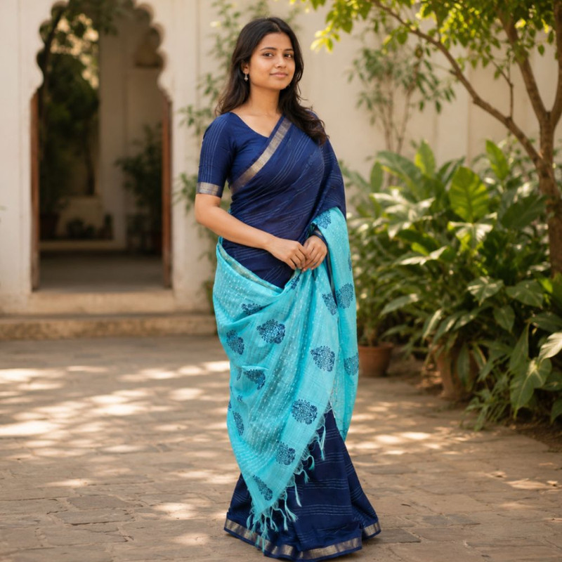 Women's Banswara Silk Dual Tone Saree with Unstitched Blouse Piece