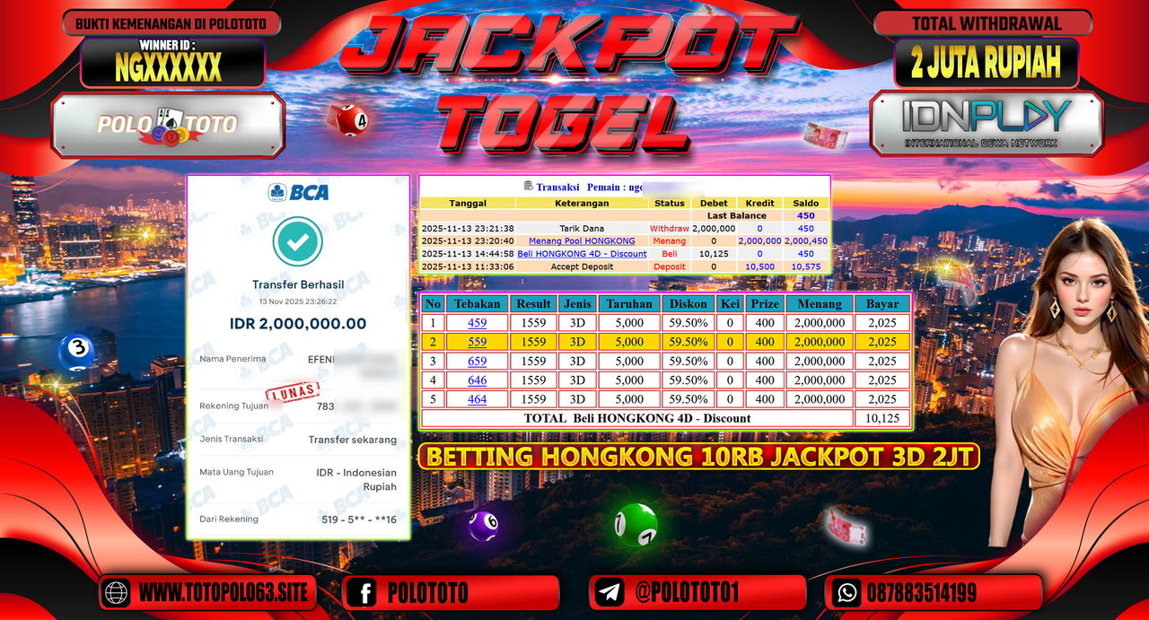 POLOTOTO JACKPOT MENANG TOGEL HONGKONG LOTTO Rp.2.000.000,- LUNAS