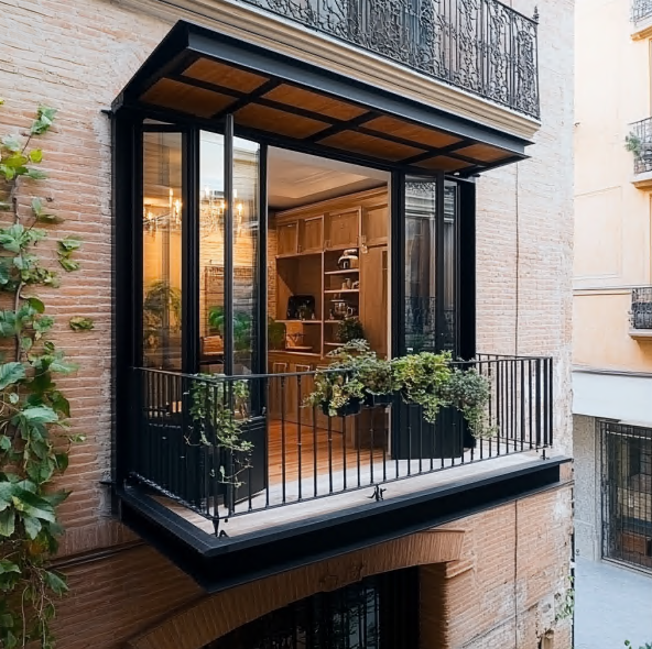 Terraza cerrada con madera y cristal