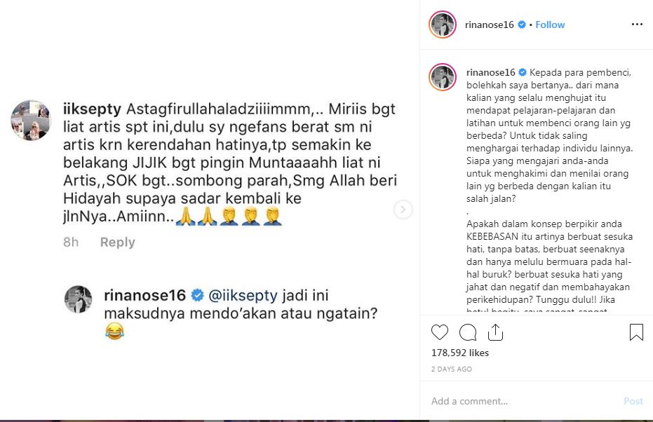 Postingan Rina Nose yang
