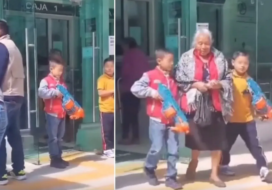Nietos escoltan a su abuelita con pistola de juguete al cobrar su pensión Bienestar