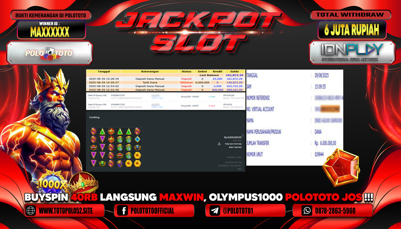 POLOTOTO JACKPOT SLOT GATES OF OLYMPUS 1000 Rp.6.000.000,- LUNAS