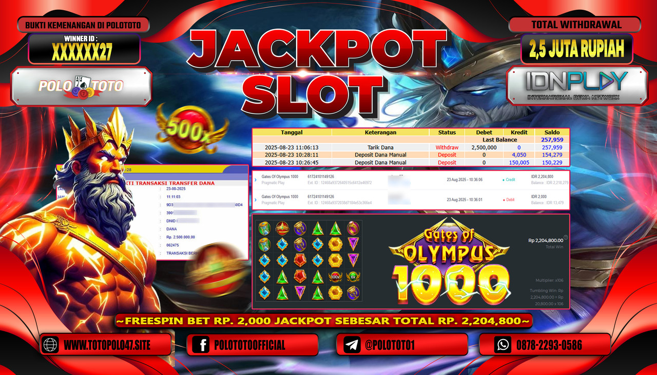 POLOTOTO JACKPOT SLOT GATES OF OLYMPUS 1000 Rp.2.500.000,- LUNAS