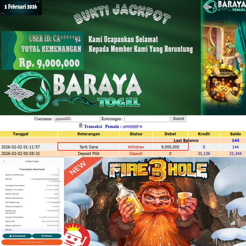 Rp. 9.000.000.- WD LUNAS DI BARAYATOGEL