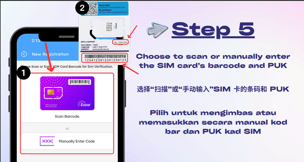 Scan barcode dan masukkan PUK Eastel