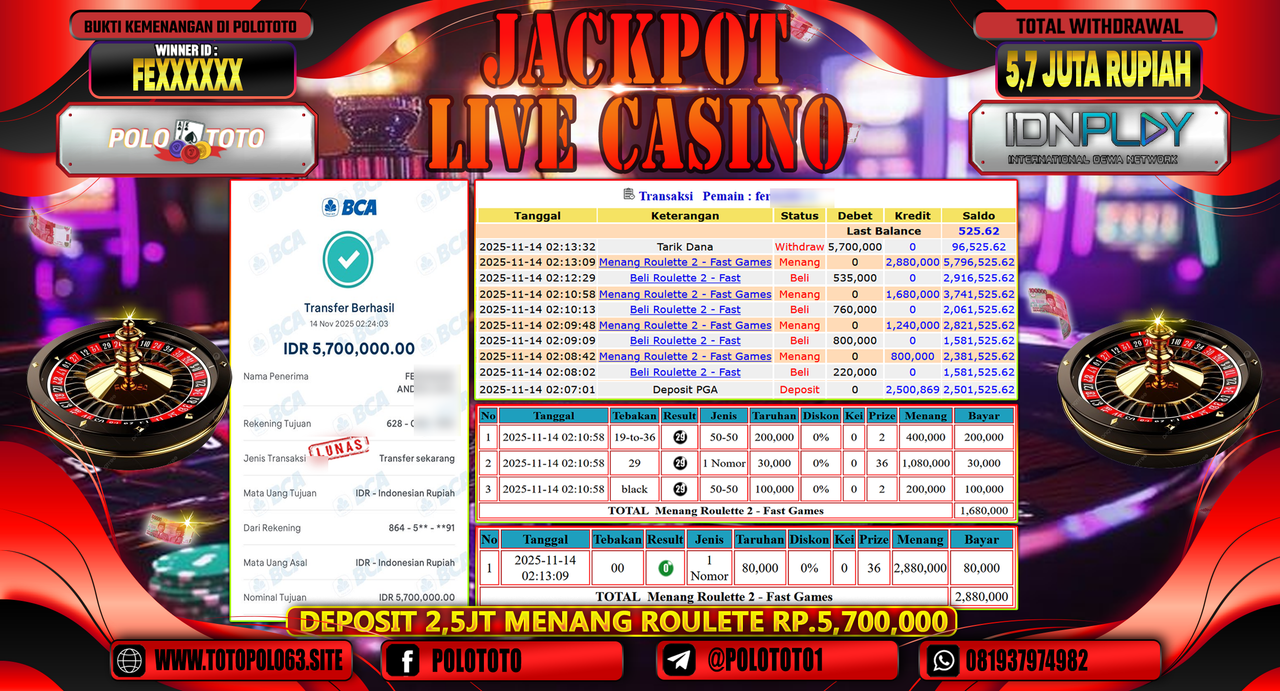 POLOTOTO JACKPOT LIVE CASINO MENANG ROULETTE 2 - FAST GAMES Rp.5.700.000,- LUNAS