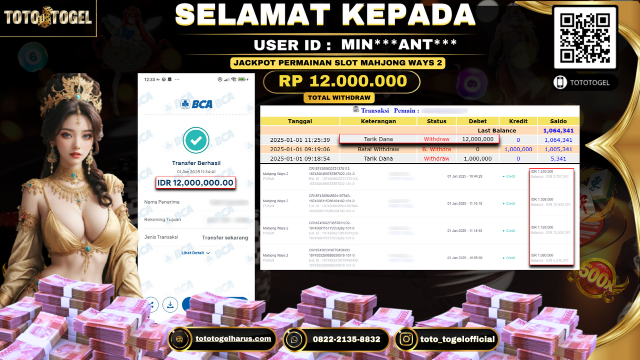 Bukti Pembayaran Jackpot  Permainan Slot Mahjong Ways 2  : MIN***ANT*** LUNAS
