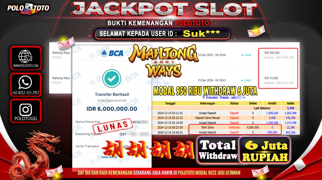 POLOTOTO JACKPOT SLOT MAHJONG WAYS Rp.6,000.000,-