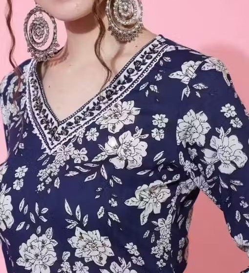 Blue Floral Printed Kurta for Women| 100% Pure Cotton | Straight Regular Fit | V-Neck | 3/4 Sleeves | Calf Length | Ideal for Formal, Daily & Office Wear Color 1 (KS170)