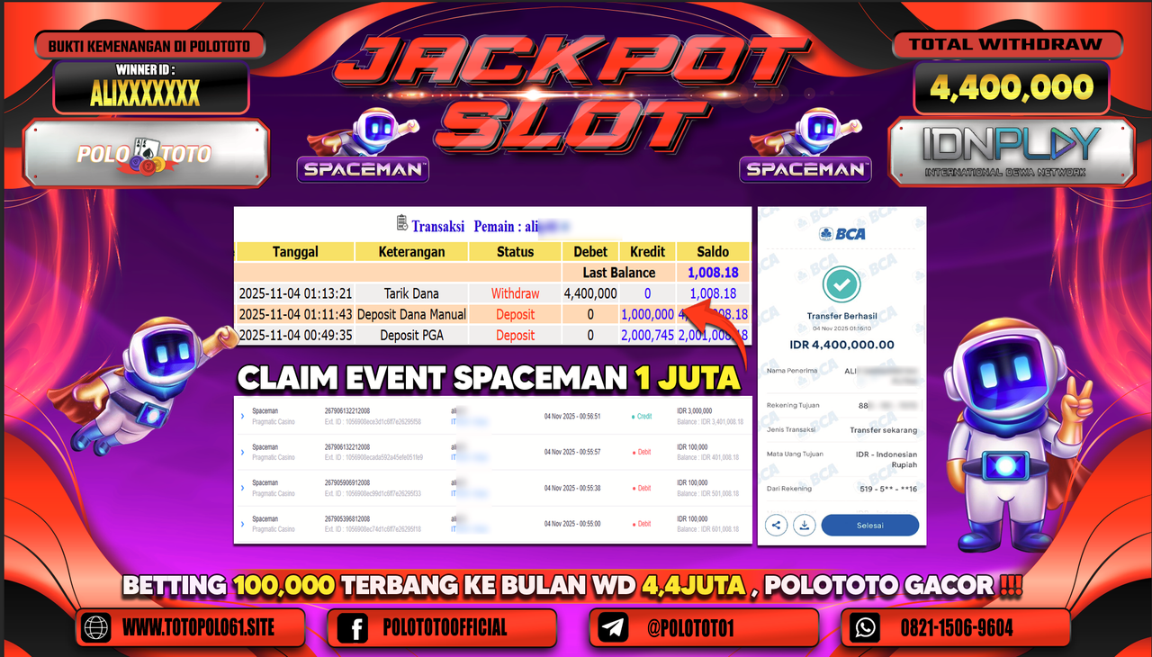 POLOTOTO JACKPOT SLOT SPACEMAN Rp.4.400.000,- LUNAS
