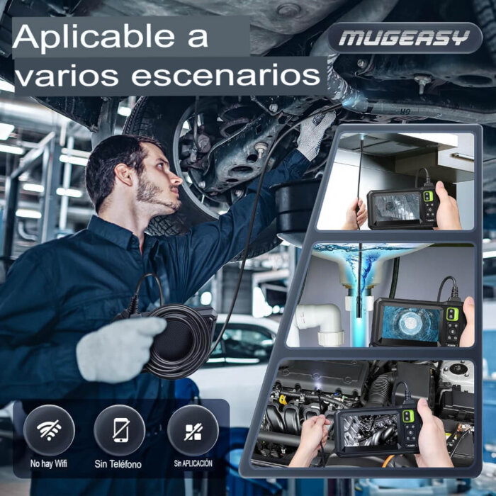 El cable semirrígido de 16.4 pies de la cámara boroscopio, con la sonda y las luces LED visibles.