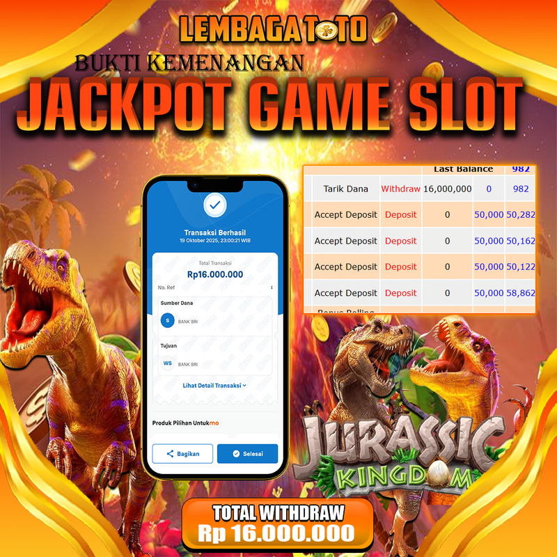 BUKTI JACKPOT 20 OCTOBER LEMBAGATOTO JURASSIC KINGDOM Rp.16.000.000,- LUNAS