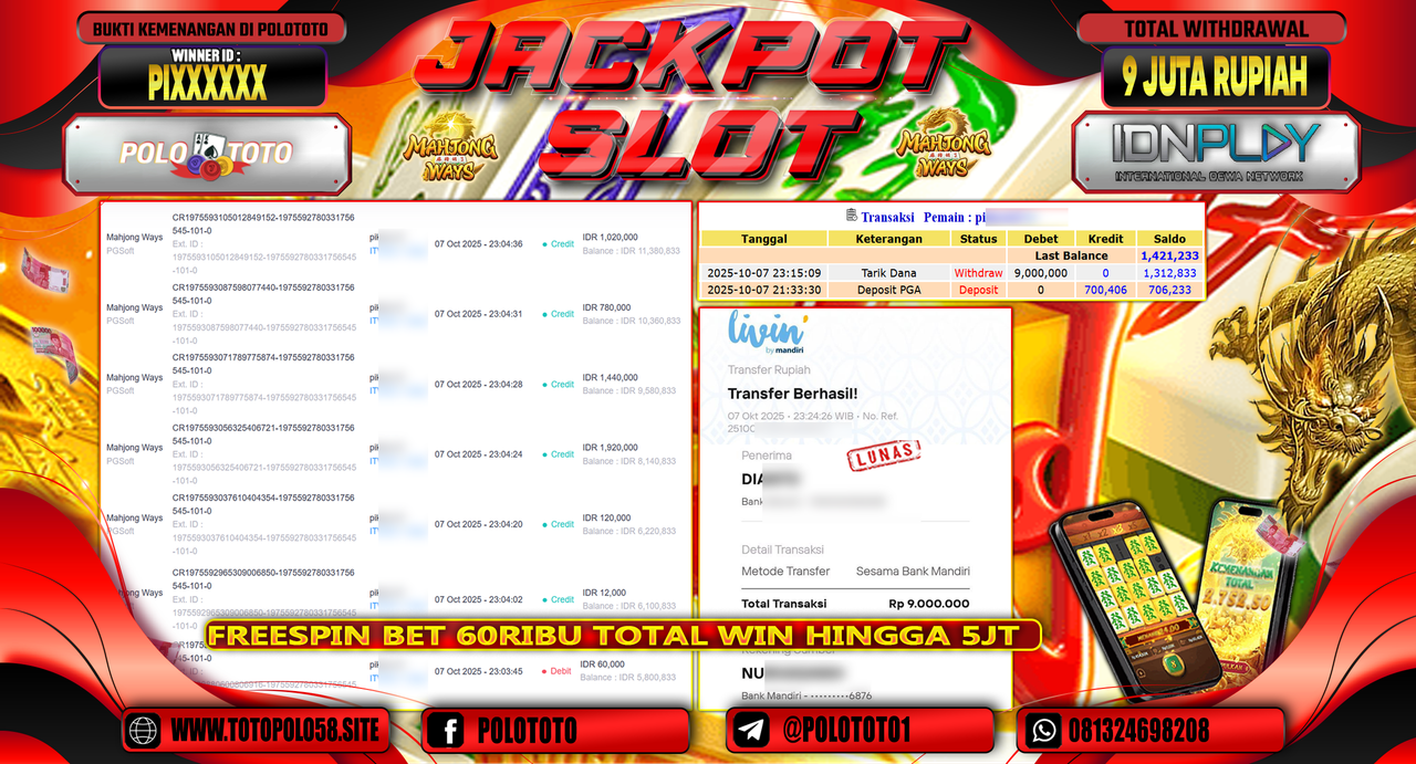 POLOTOTO JACKPOT SLOT MAHJONG WAYS Rp.9.000.000,- LUNAS
