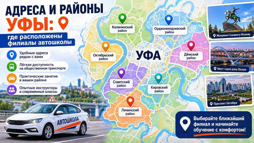 Адреса и районы Уфы: где расположены филиалы автошкол