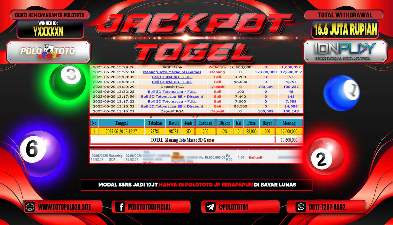POLOTOTO JACKPOT TOGEL TOTO MACAU Rp.16.600.000,- LUNAS