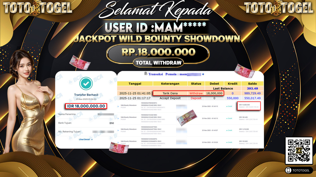 Bukti Pembayaran Jackpot Permainan Slot Wild Bounty Showdown ID:MAM***** LUNAS