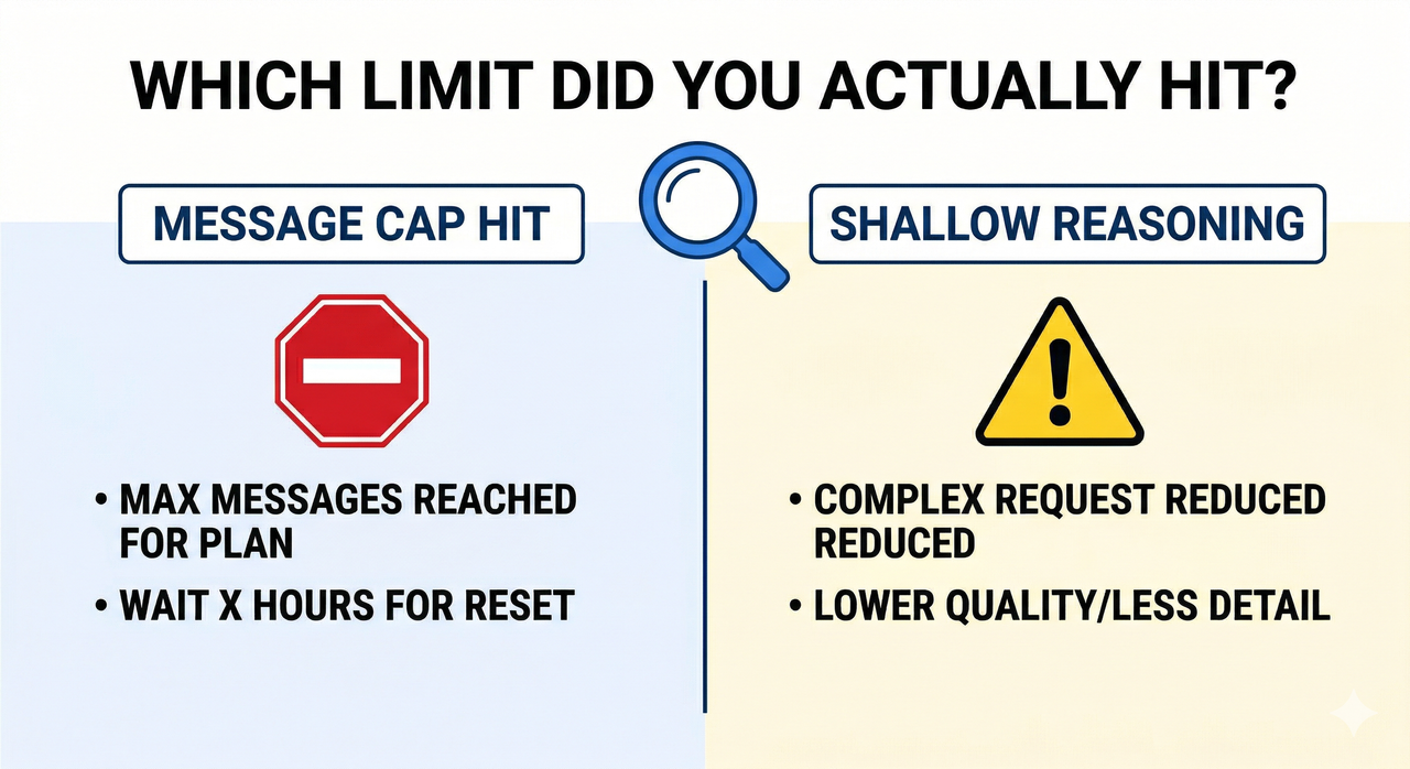 ChatGPT thinking limit — message cap vs shallow reasoning diagram