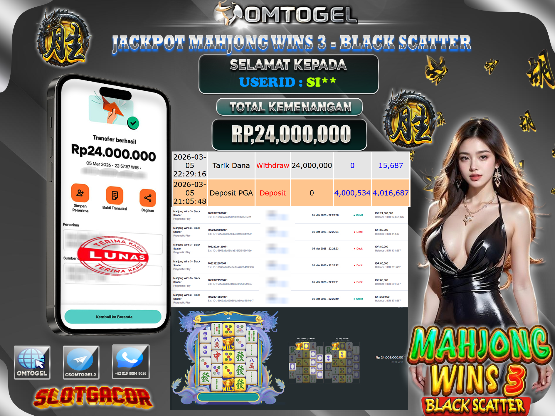OMTOGEL JACKPOT PRAGMATIC PLAY MAHJONG WINS 3 - BLACK SCATTER, 24 JUTA DI BAYAR LUNAS ,-