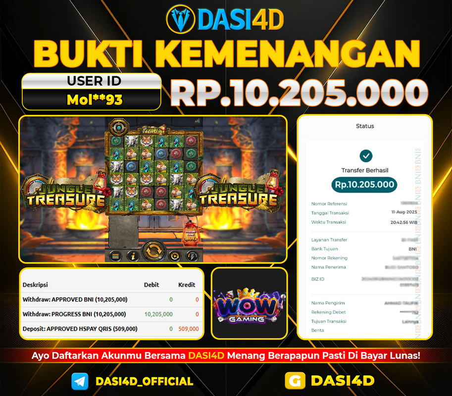 BUKTI KEMENANGAN 11 AGUSTUS 2025 DI JUNGLE TREASURE WD 10.205.000