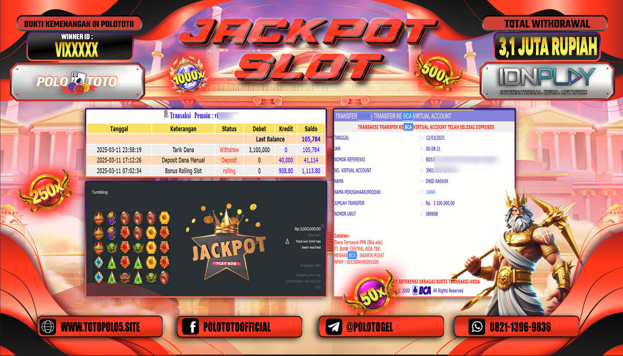 POLOTOTO JACKPOT SLOT GATES OF OLYMPUS 1000 Rp.3.100.000,-