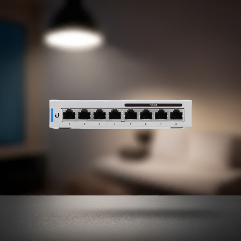 Close-up das portas do switch indicando a funcionalidade PoE