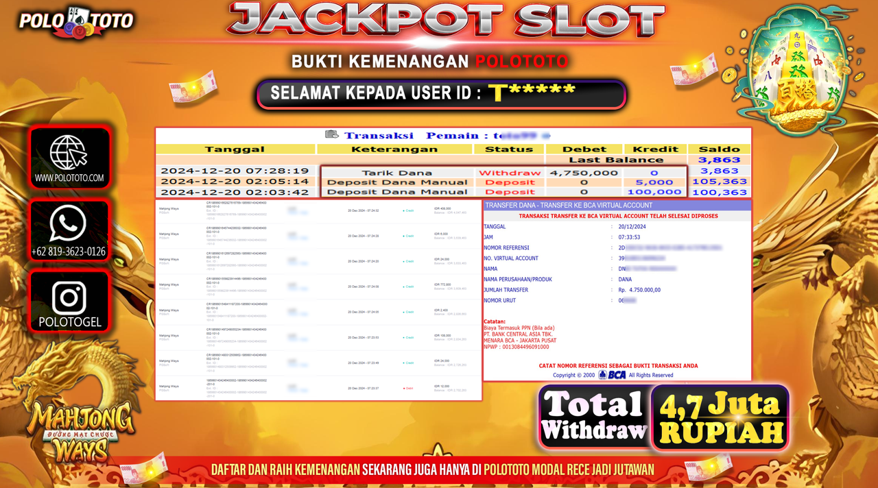 POLOTOTO JACKPOT SLOT MAHJONG WAYS Rp.4,750.000,-