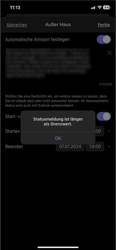 iOS-Teams-App-Fehler "Statusmeldung ist länger als der Grenzwert"
