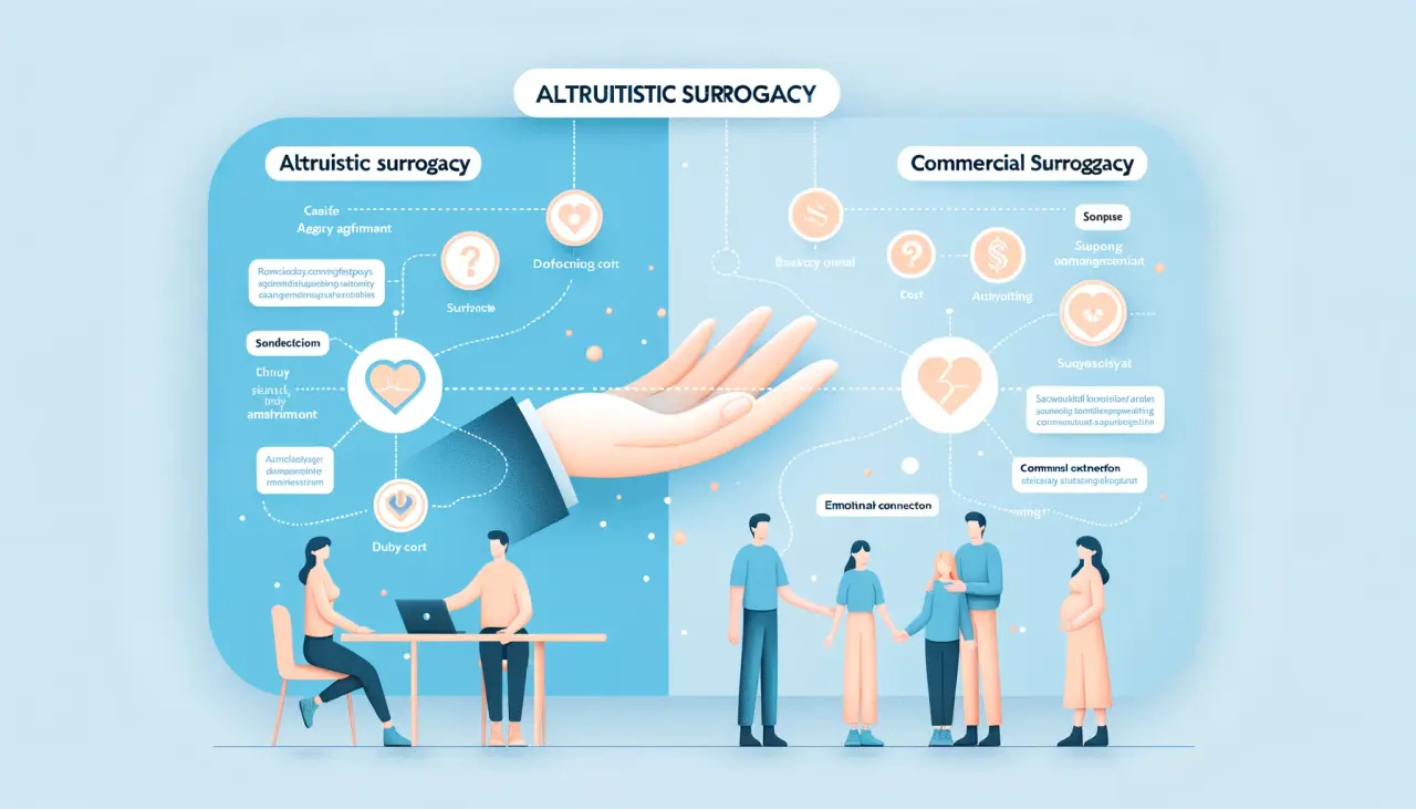 Infographic comparing altruistic surrogacy and commercial surrogacy on cost, emotional connection, and agency involvement.