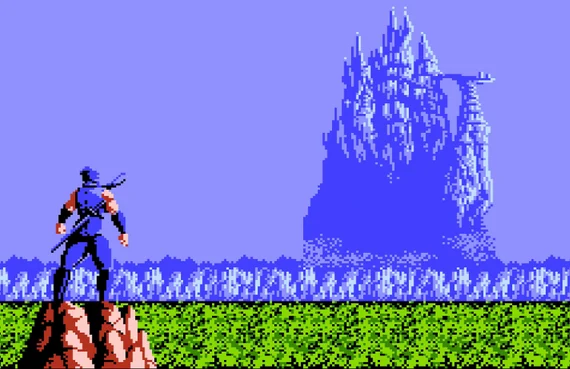 Ryu Hayabusa looks out at a fortress in Ninja Gaiden for the NES.