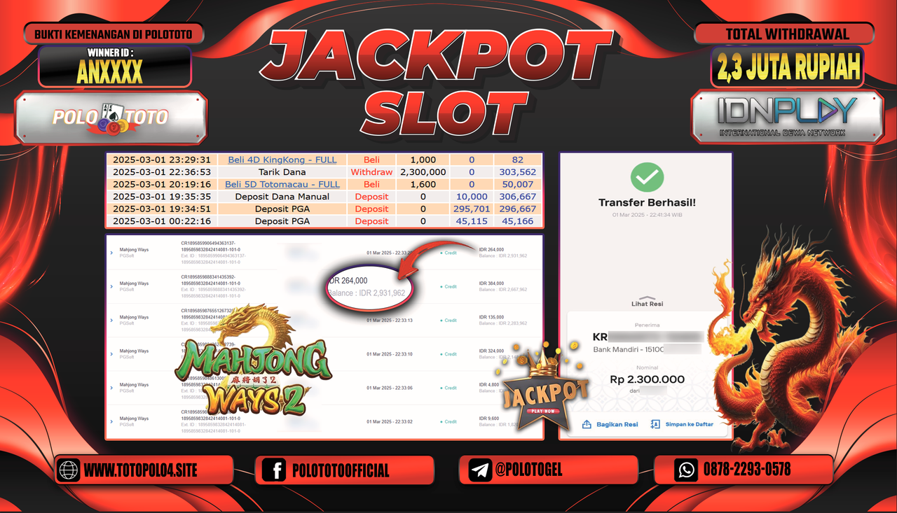 POLOTOTO JACKPOT SLOT MAHJONG WAYS 2 Rp.2.300.000,-