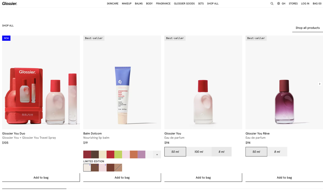 Screenshot of Glossier Homepage