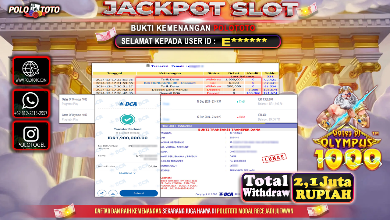 POLOTOTO JACKPOT SLOT GATES OF OLYMPUS 1000 Rp.2,100.000,-