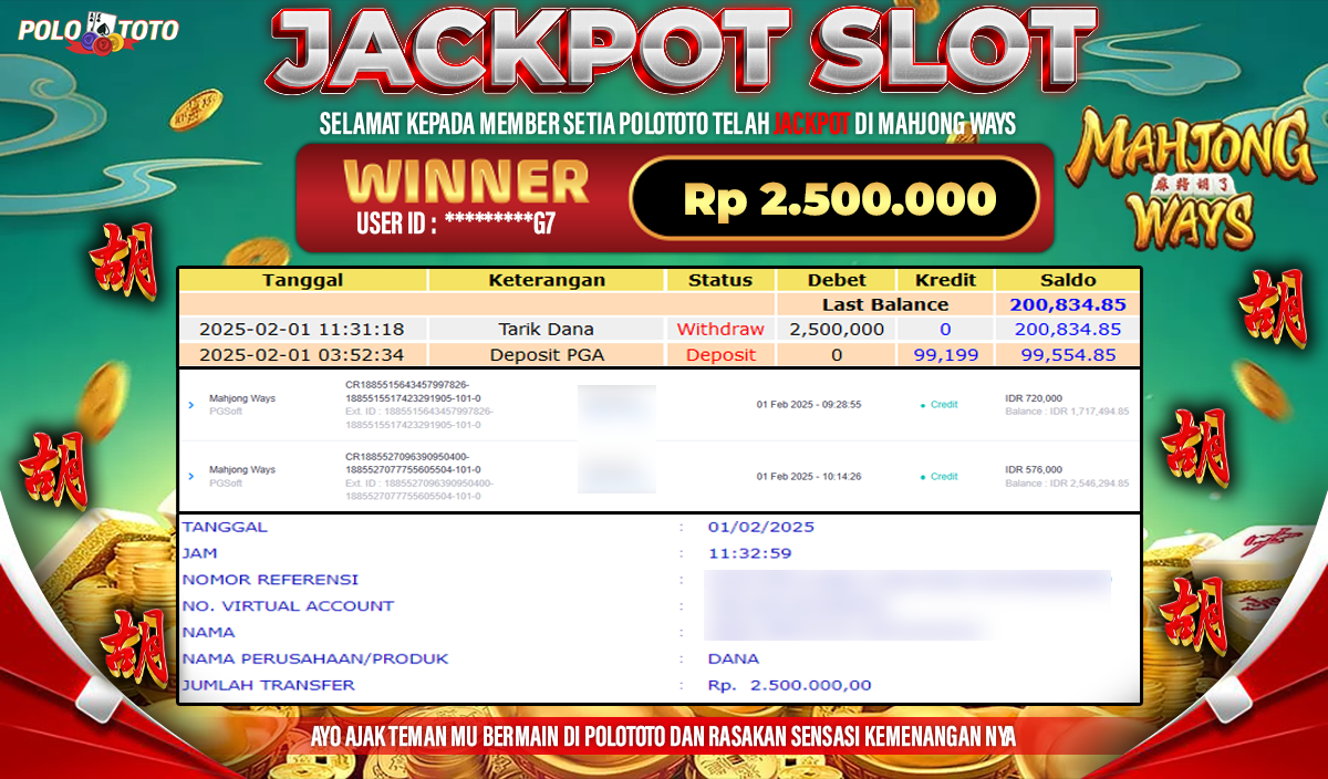 POLOTOTO JACKPOT SLOT MAHJONG WAYS Rp.2,500.000,-