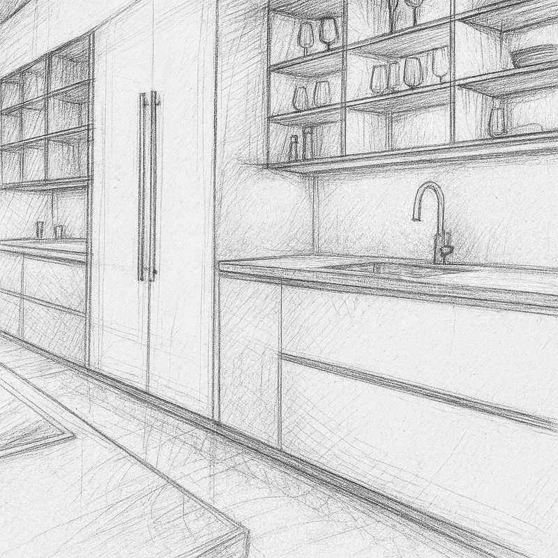 Boceto a lápiz de la misma cocina