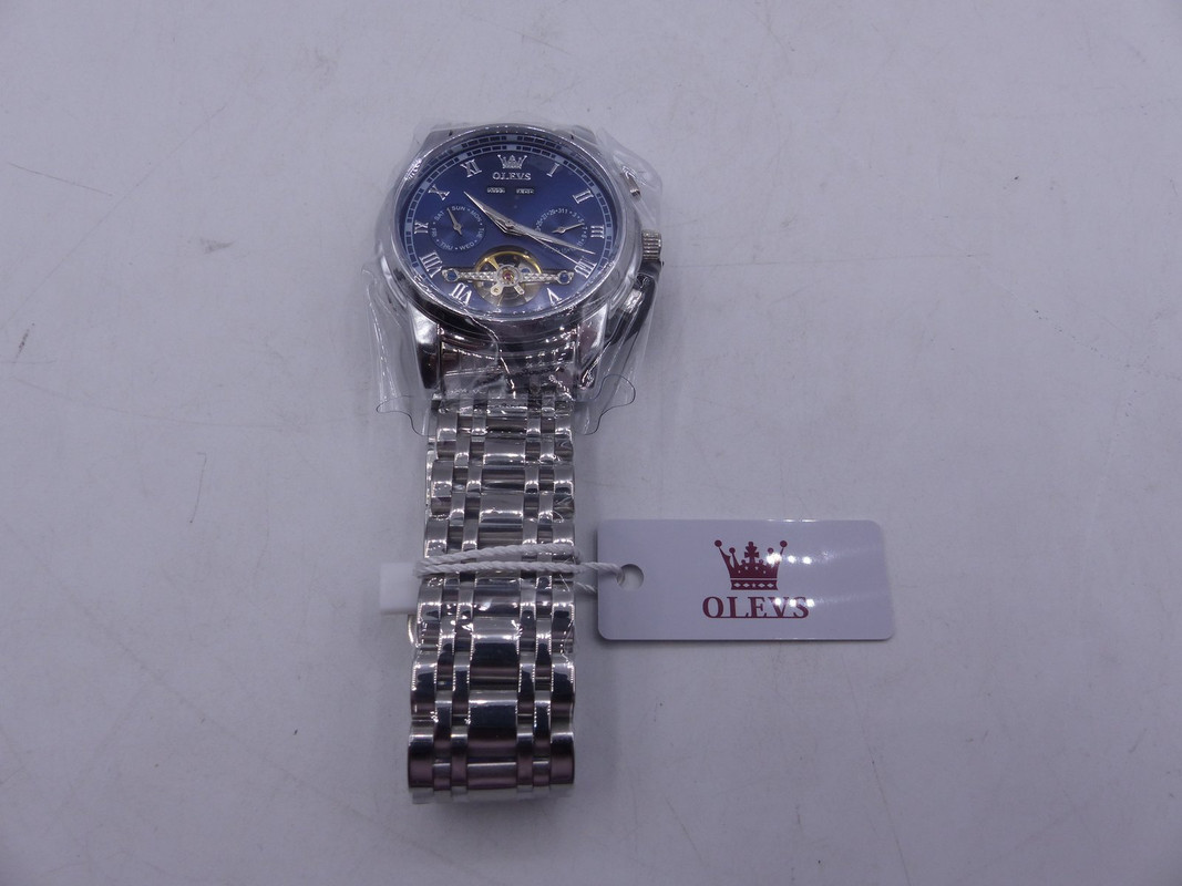 OLEVS 6607G MENS SILVER & BLUE STAINLESS STEEL AUTOMATIC MECHANICAL WATCH