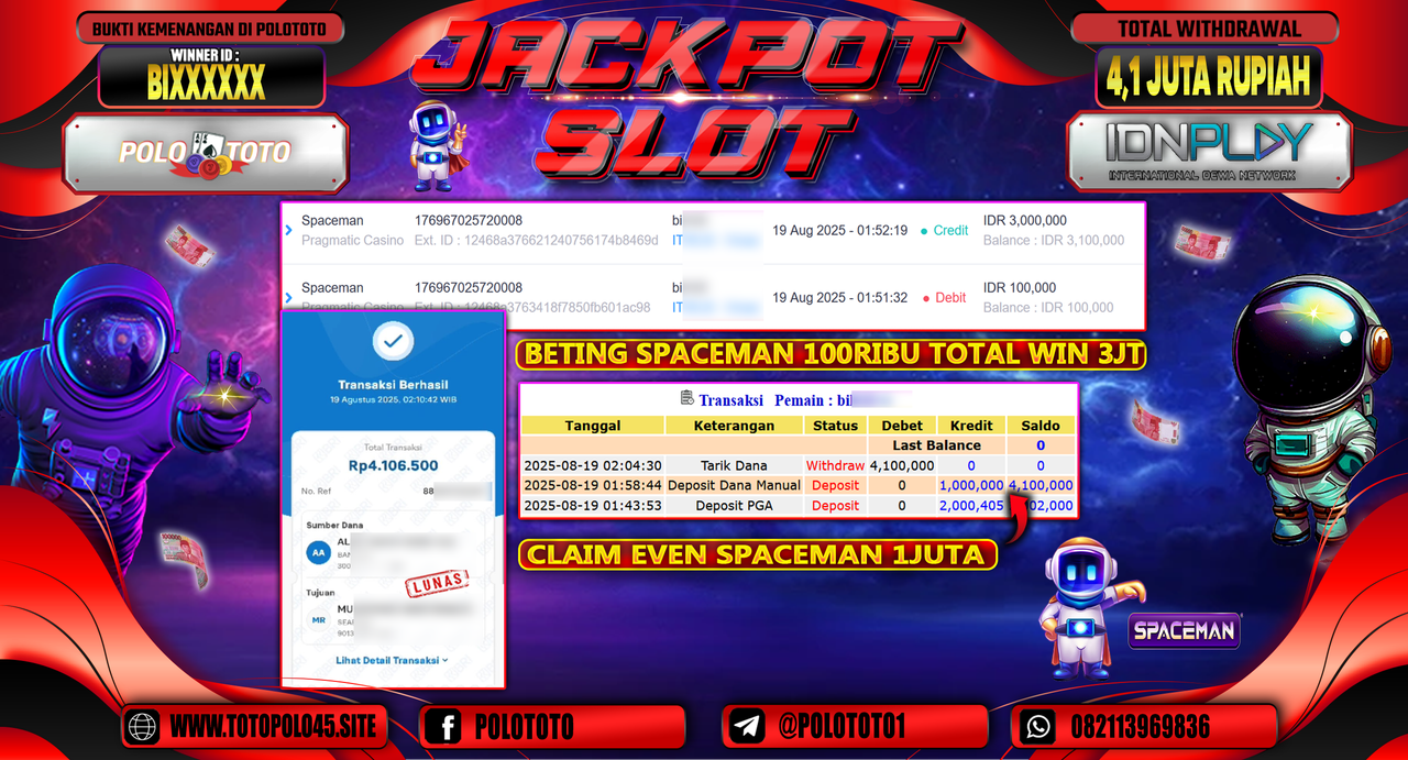 POLOTOTO JACKPOT SLOT SPACEMAN Rp.4.100.000,-
