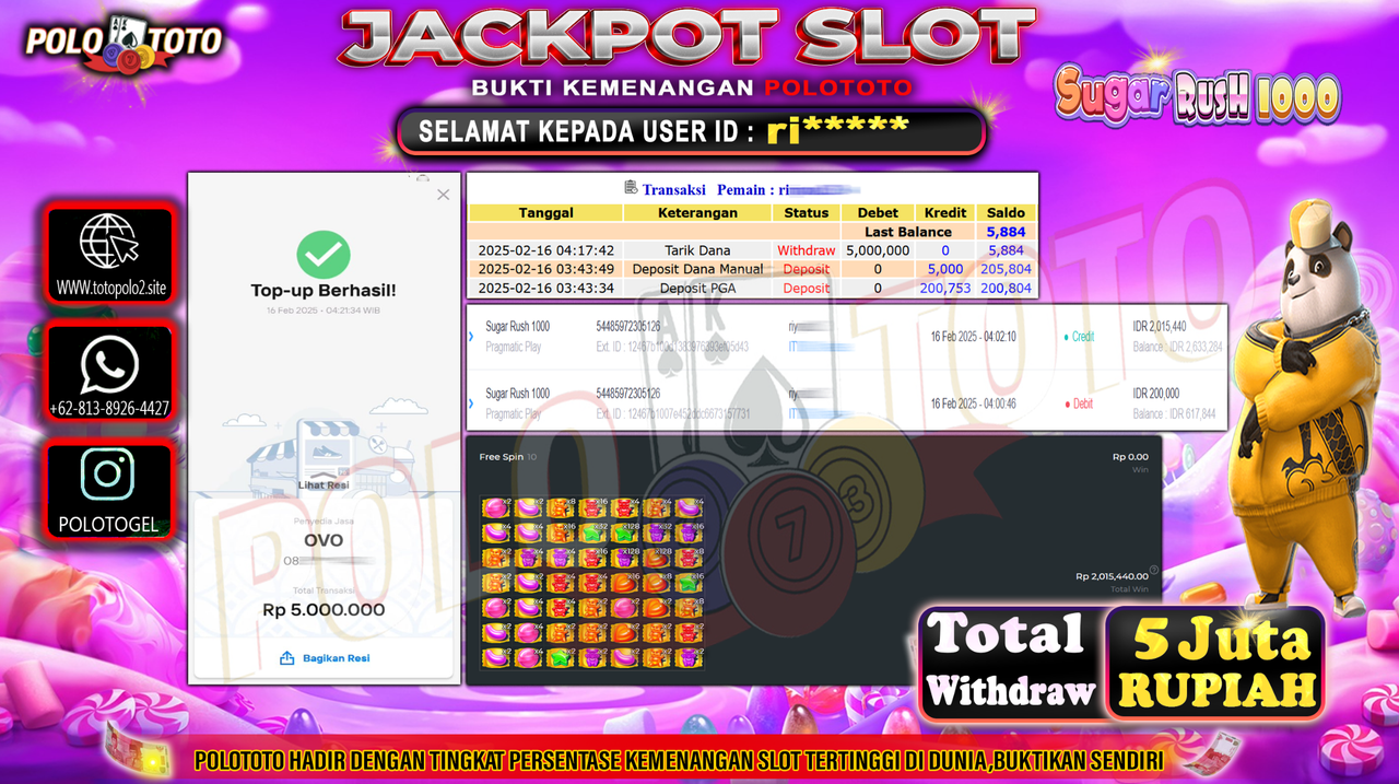 POLOTOTO JACKPOT SLOT SUGAR RUSH 1000 Rp.5.000.000,-