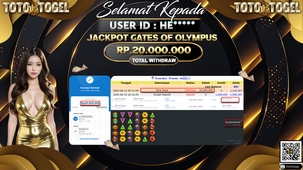 Bukti Pembayaran Jackpot Permainan Slot Gates Of Olympus ID:HE***** LUNAS