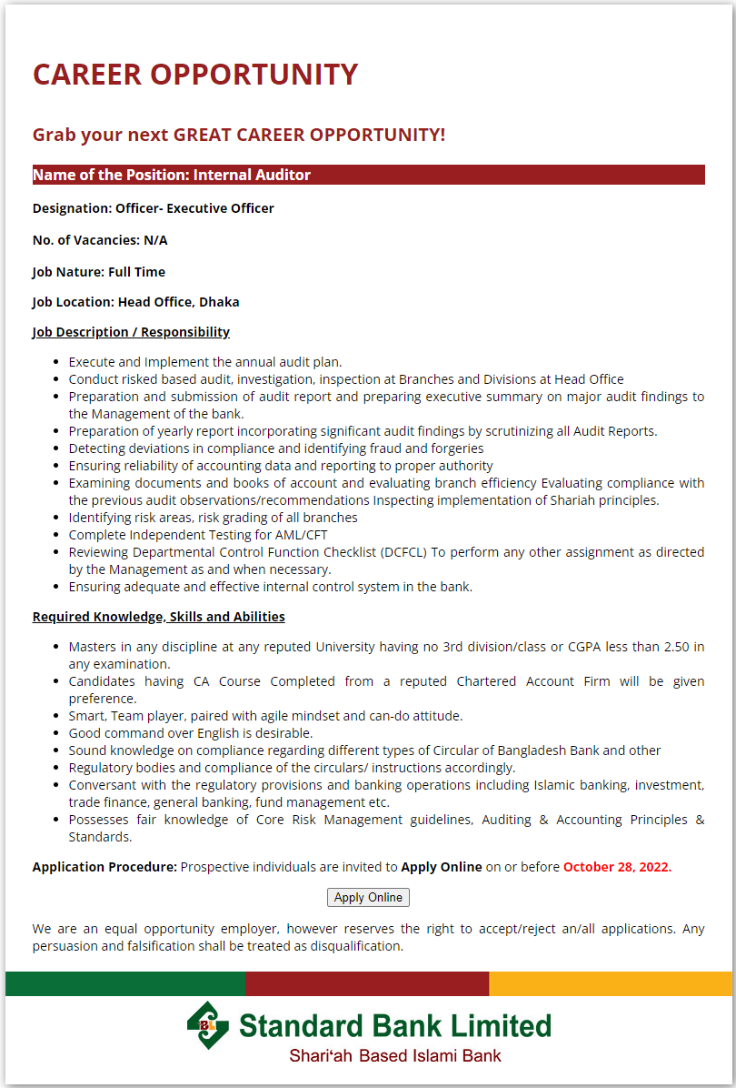 Standard Bank Limited Job Circular 2022 নতুন সার্কুলার Apply Now