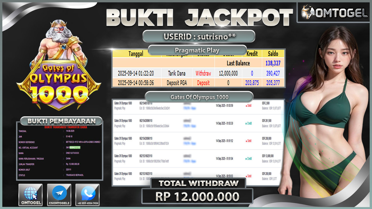 OMTOGEL JACKPOT PRAGMATIC PLAY GATES OF OLYMPUS 1000 12 JUTA DI BAYAR LUNAS ,-