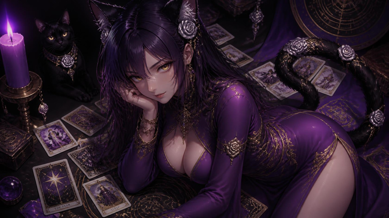 Female with dark purple hair Black cat ears with silver rosettes Black tail with silver rosettes