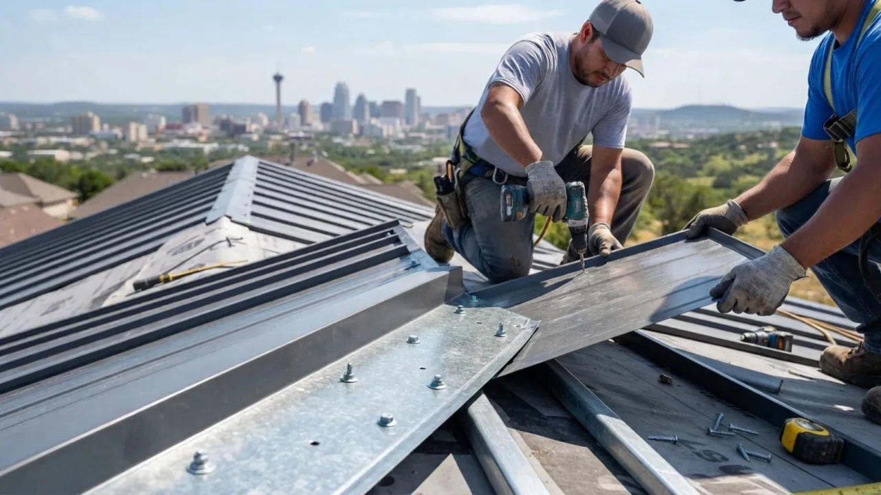 Metal roof panel installation fastener pattern overlap San Antonio