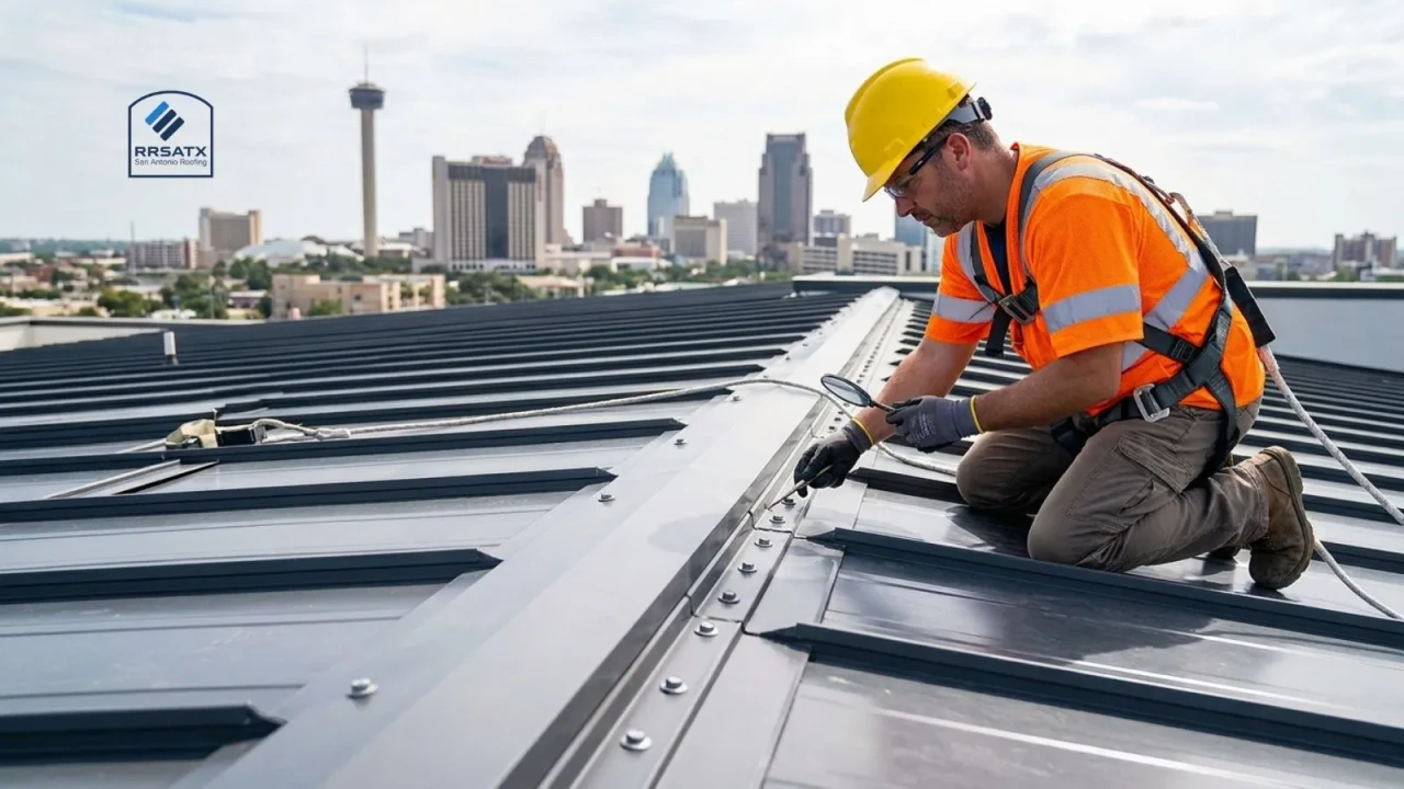 Roofing inspector checking metal roof fasteners and seams on a San Antonio rooftop