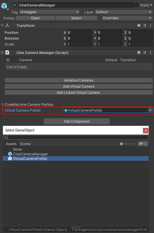 Setting Virtual Camera Prefab Screenshot