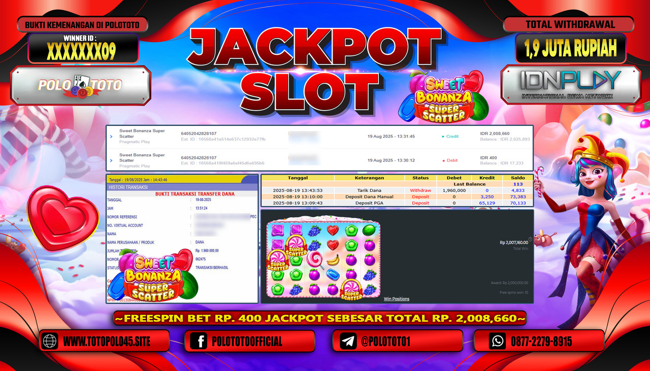 POLOTOTO JACKPOT SLOT SWEET BONANZA SUPER SCATTER Rp.1.900.000,- LUNAS