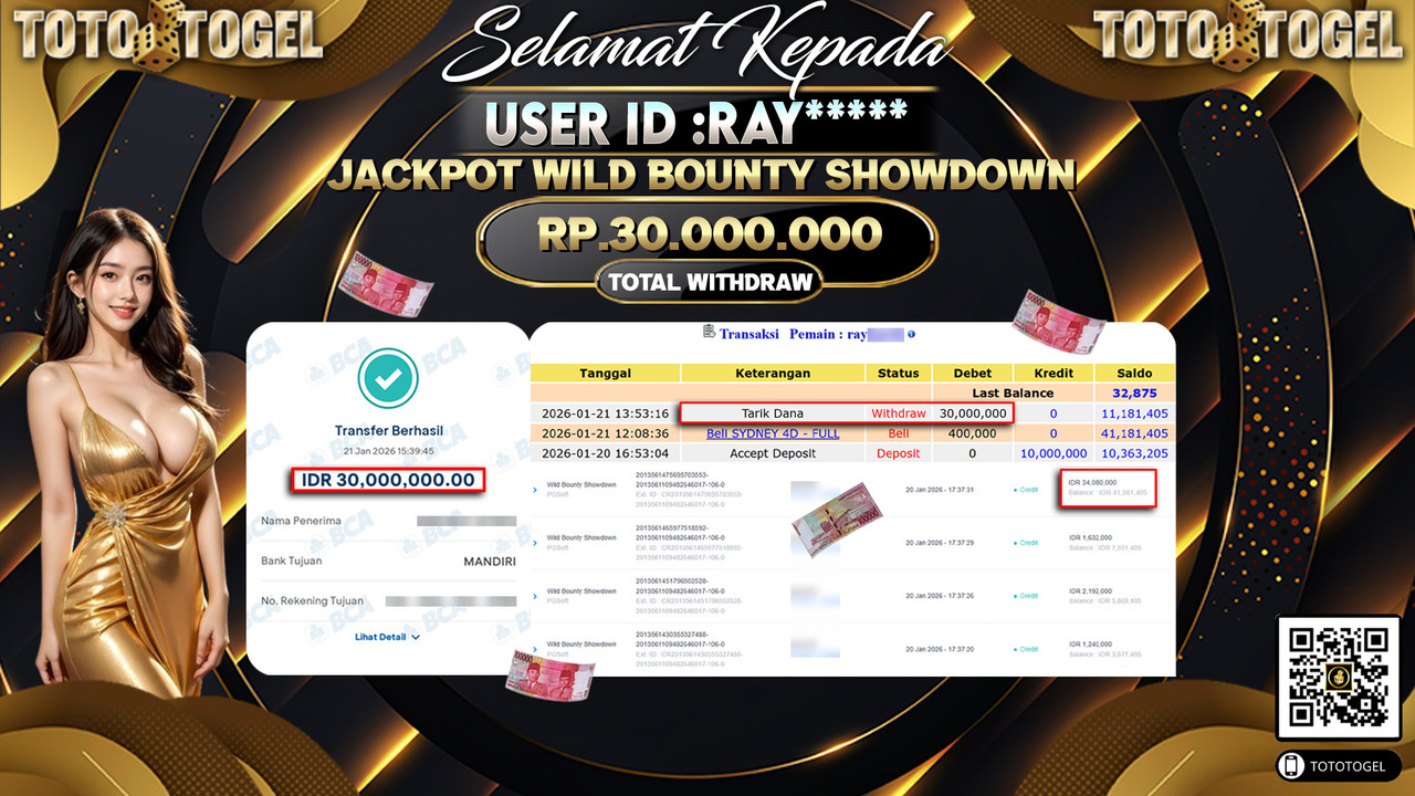 Bukti Pembayaran Jackpot Permainan Slot Wild Bounty Showdown ID:RAY*****LUNAS